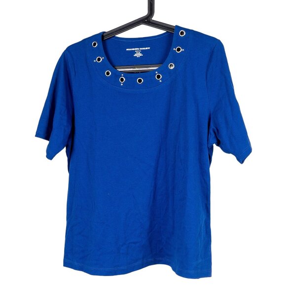Allison Daley Tops - Allison Daley Shirt PL Womens Petite L Blue Short Sleeve Rivets Cotton Blend